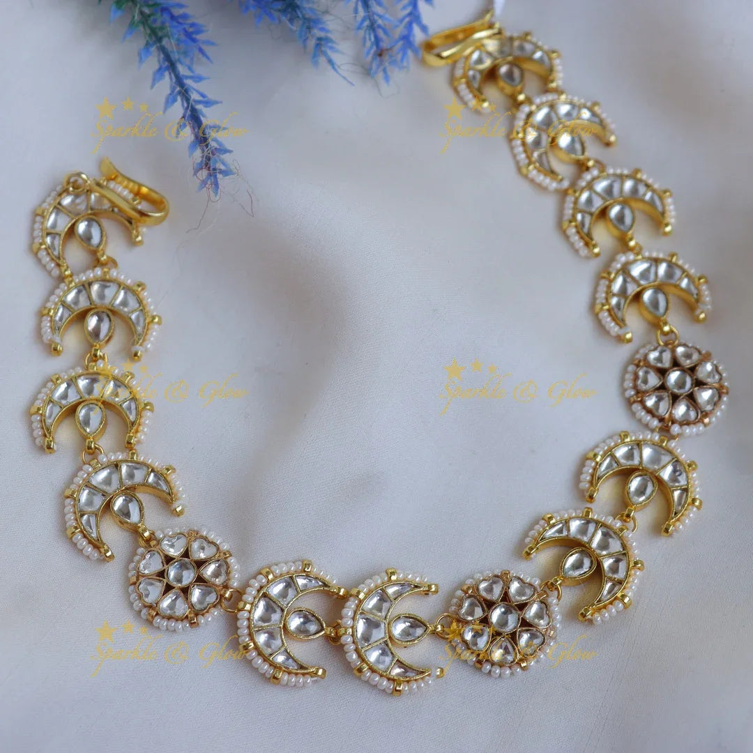 Stunning Jadau White Kundan Crescent Sheeshphool with Floral Centers & Pearl Border - Sparkle and Glow