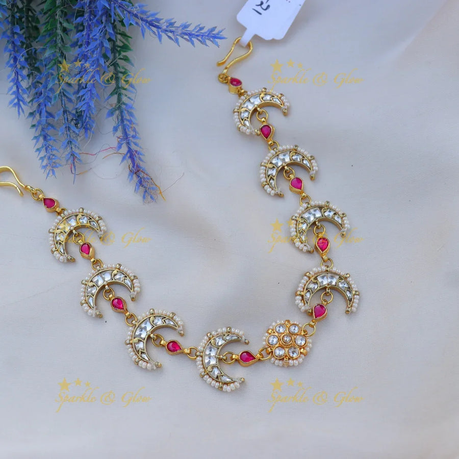 Stunning Pearl-Crescent Sheeshphool with Kundan and Pink Stone Accents - Sparkle and Glow