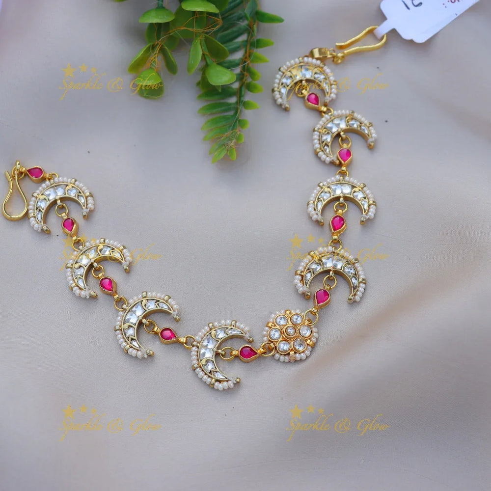 Stunning Pearl-Crescent Sheeshphool with Kundan and Pink Stone Accents - Sparkle and Glow