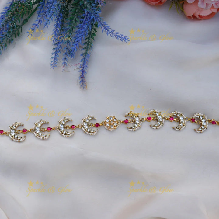 Stunning Pearl-Crescent Sheeshphool with Kundan and Pink Stone Accents - Sparkle and Glow