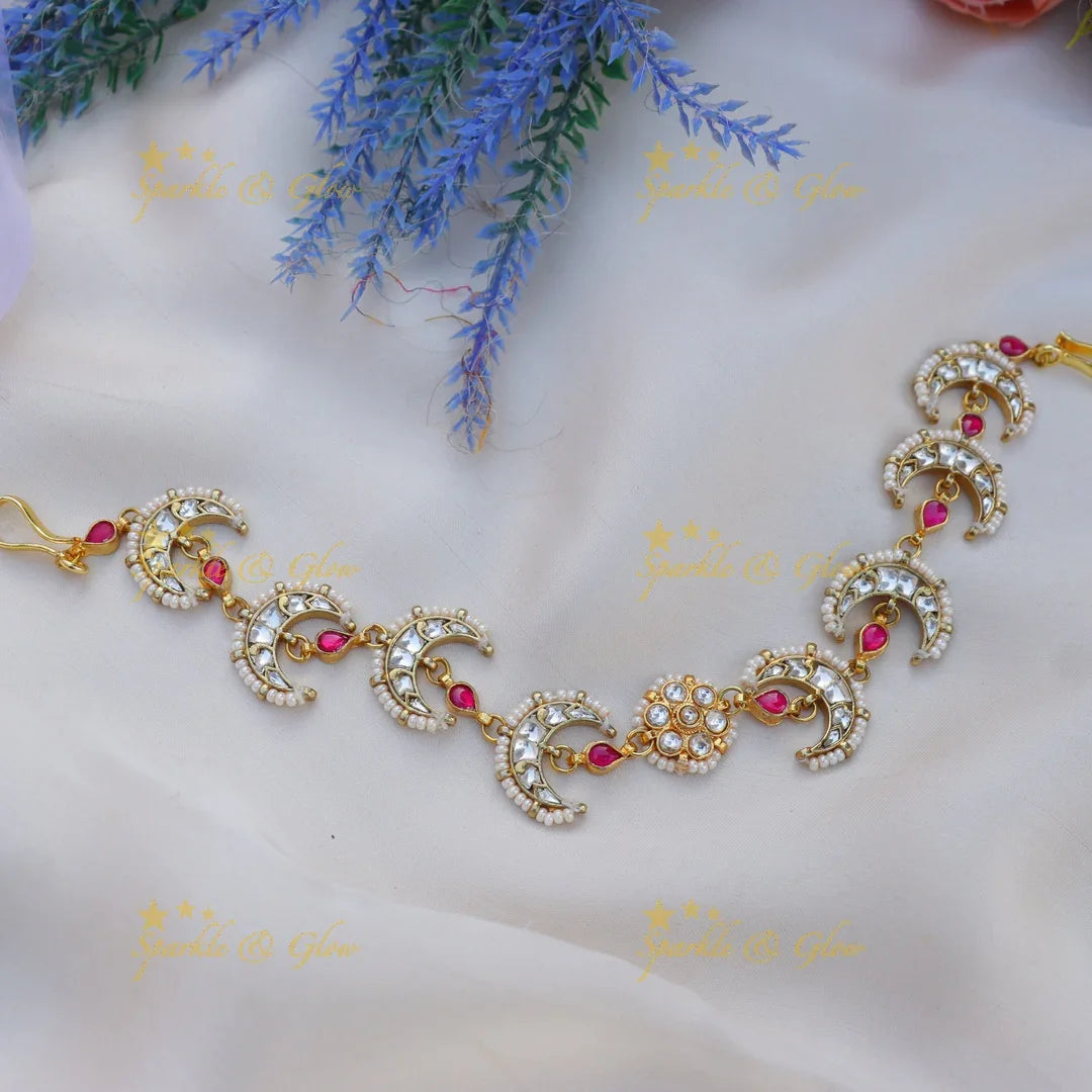 Stunning Pearl-Crescent Sheeshphool with Kundan and Pink Stone Accents - Sparkle and Glow