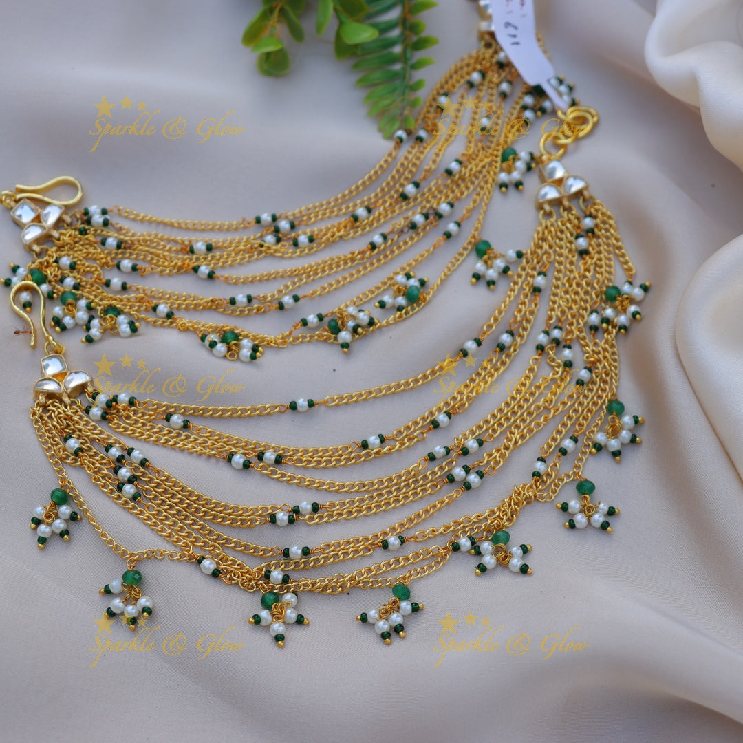 Statement Gold alike layered Green & Pearl beaded Earchain