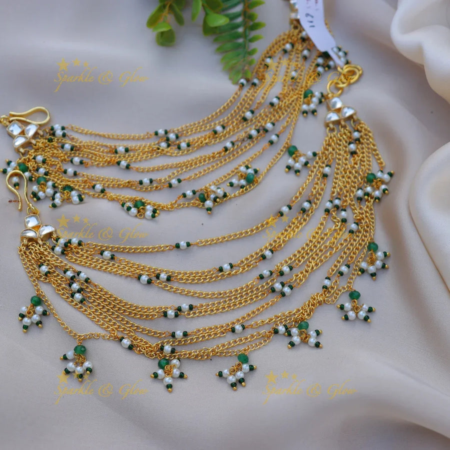 Statement Gold alike layered Green & Pearl beaded Earchain - Sparkle and Glow