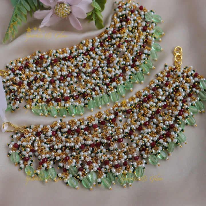 Stunning Three layered Earchain with Cluster beads and Mintgreen beads - Sparkle and Glow