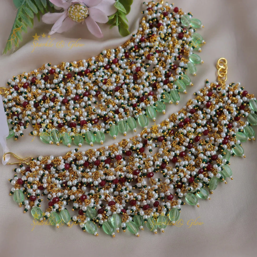 Stunning Three layered Earchain with Cluster beads and Mintgreen beads - Sparkle and Glow