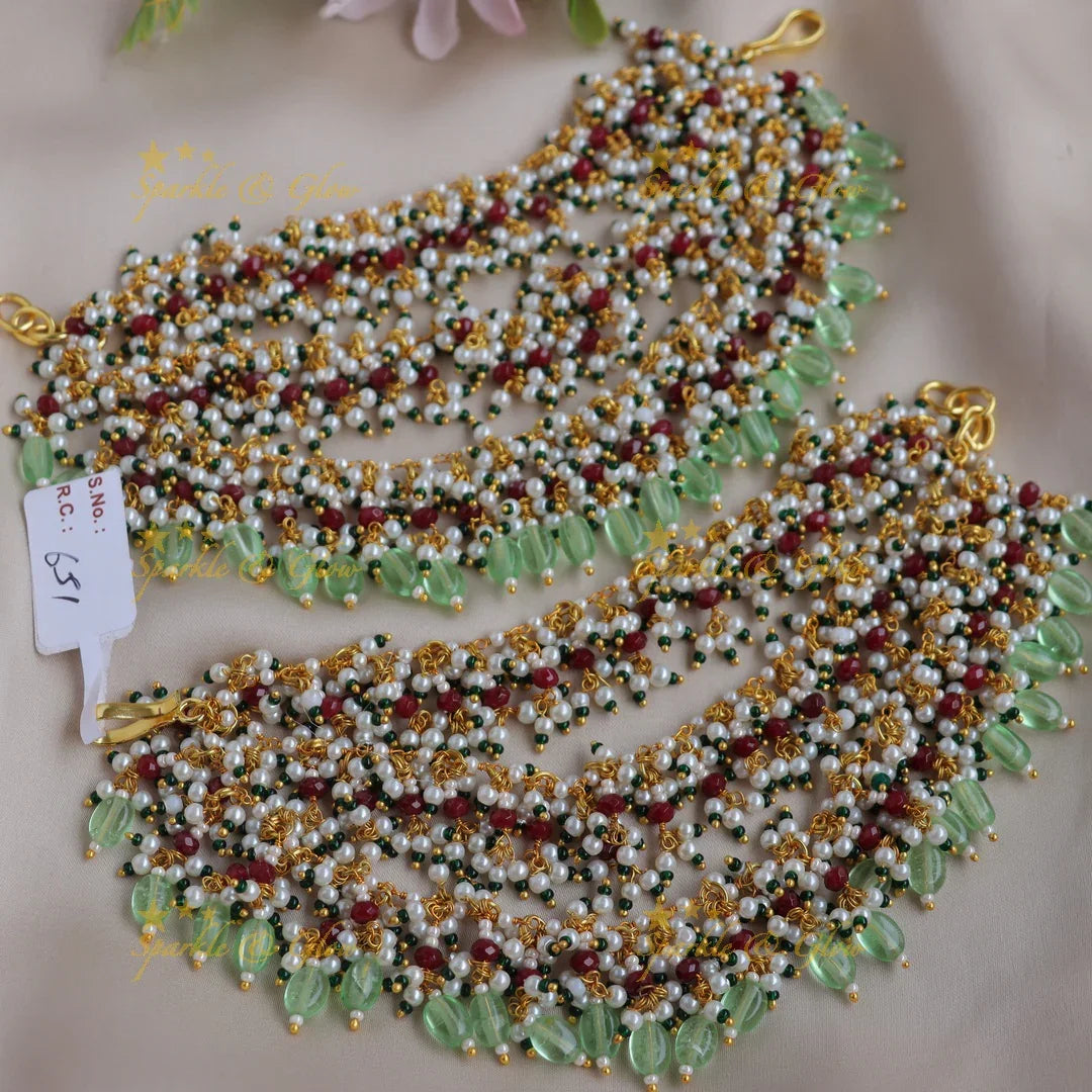 Stunning Three layered Earchain with Cluster beads and Mintgreen beads - Sparkle and Glow