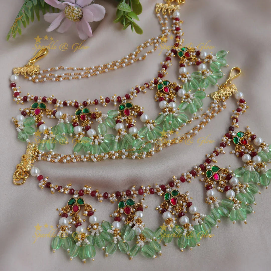 Elegant Jadau Kundan Floral Green Beaded Pearl Ear Chain - Sparkle and Glow