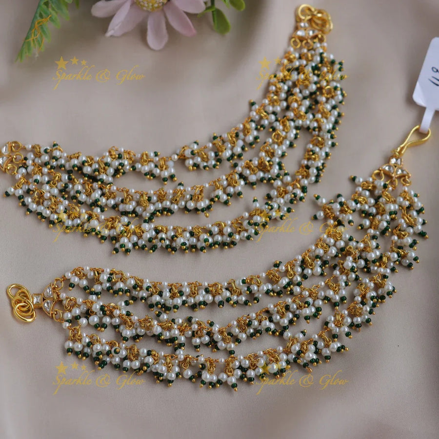 Stunning Three layered Pearl Earchain with Green beads and pearls - Sparkle and Glow