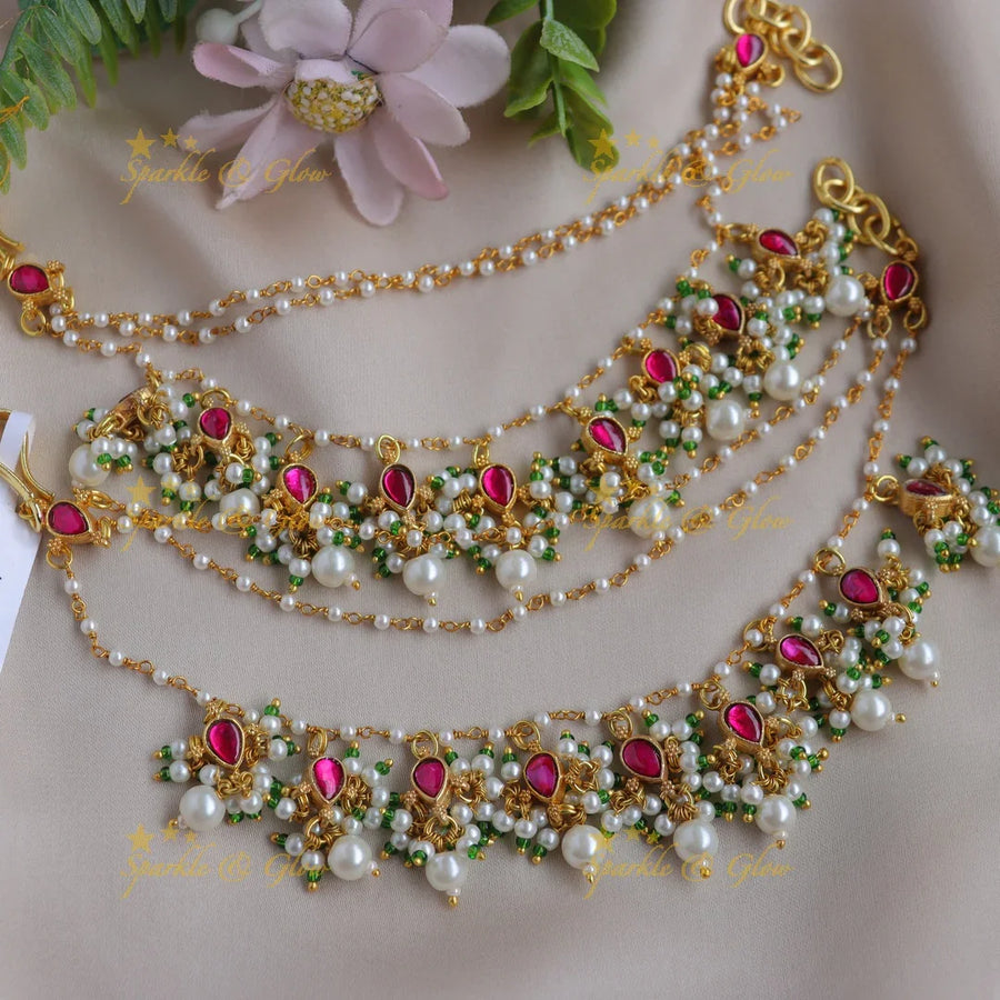 Stunning Jadau Kundan Pink Stone & Pearl Cluster Traditional Ear Chain - Sparkle and Glow