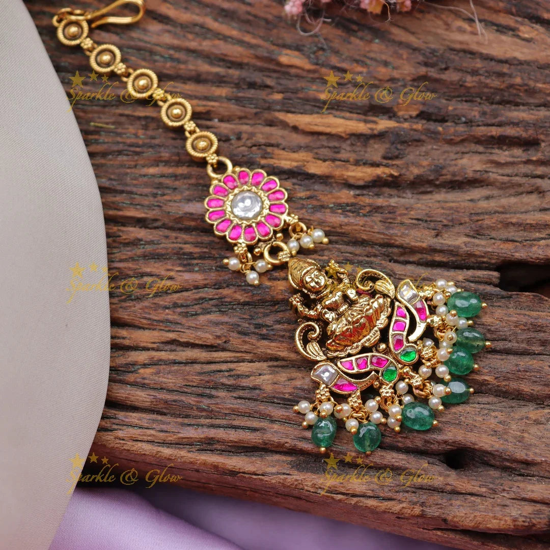 Stunning Temple Maang Tikka with Lakshmi Pendant & Emerald Beads - Sparkle and Glow