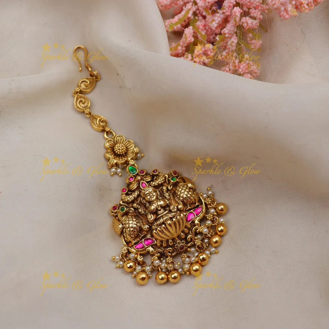 Antique Jadau Kundan Temple Maang Tikka with Peacock & Lakshmi Design - Sparkle and Glow