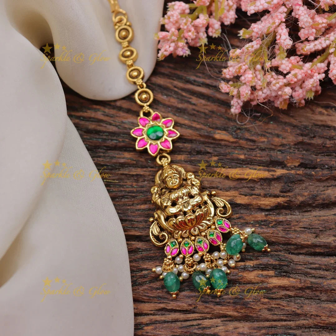 Stunning Jadau Antique Temple Maang Tikka with Goddess Lakshmi Design - Sparkle and Glow