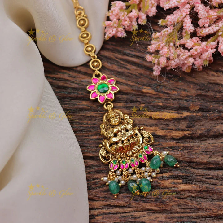 Stunning Jadau Antique Temple Maang Tikka with Goddess Lakshmi Design - Sparkle and Glow