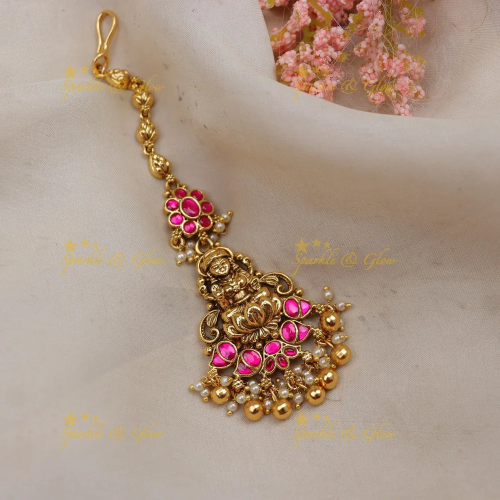 Stunning Jadau Antique Temple Maang Tikka with Kundan & Lakshmi Motif - Sparkle and Glow