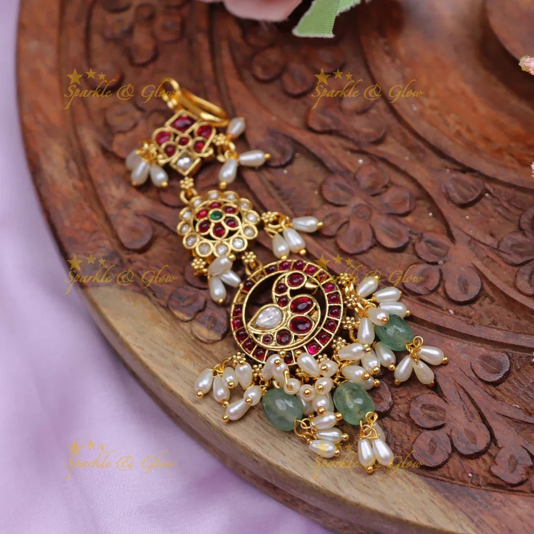 Stunning Jadau Kundan Traditional Peacock Maang Tikka with rice pearls and green beads - Sparkle and Glow