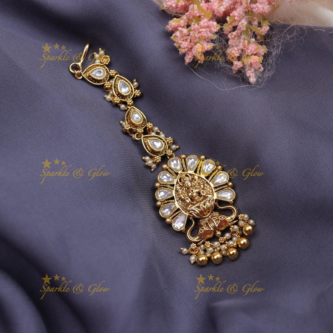 Stunning Jadau Traditional Temple Maang Tikka with Lakshmi Pendant & Pink Stone Work - Sparkle and Glow