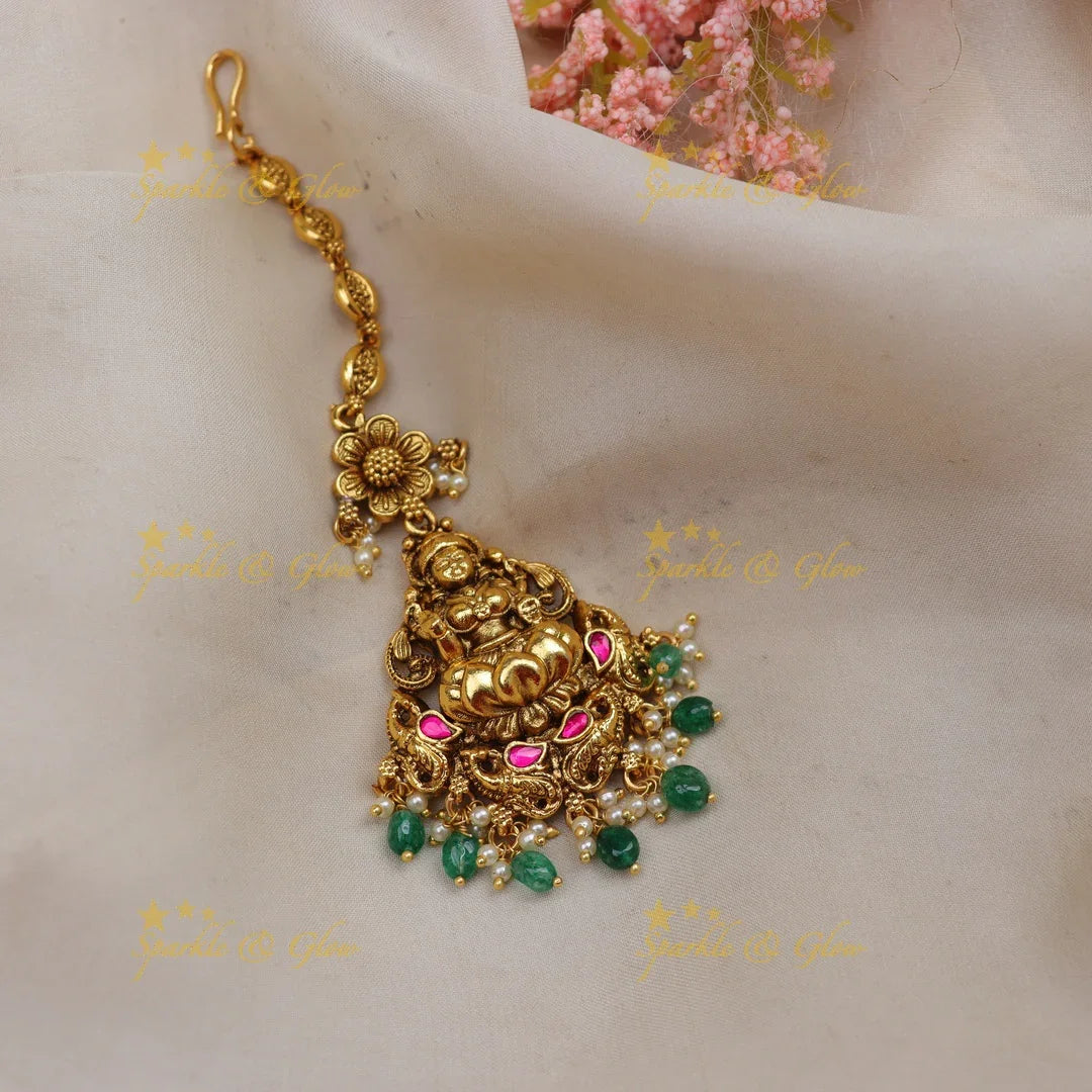 Stunning Jadau Antique Gold alike Temple Maang Tikka with Lakshmi Pendant & Pearl Drops - Sparkle and Glow