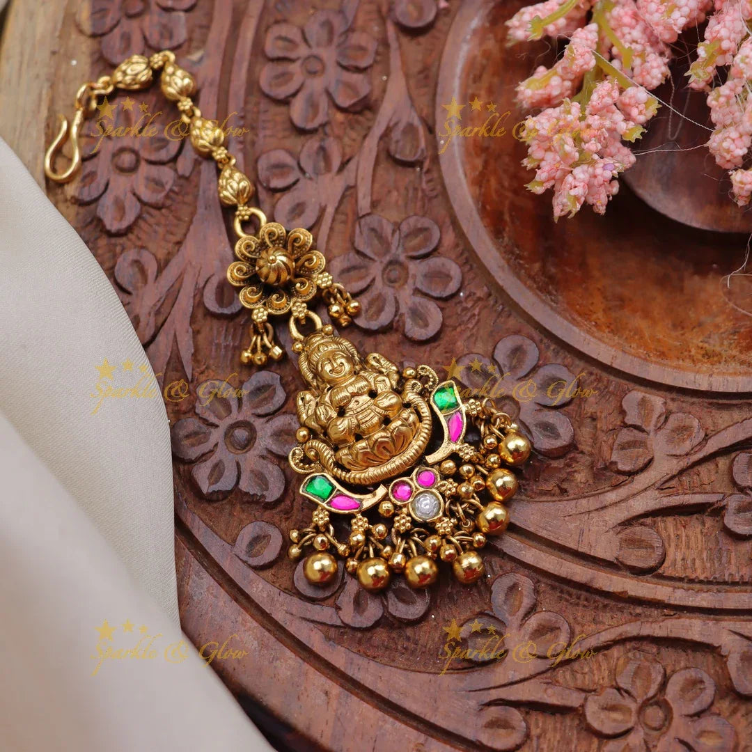 Stunning Jadau Antique Temple Maang Tikka with Lakshmi Idol & Enamel Detailing - Sparkle and Glow