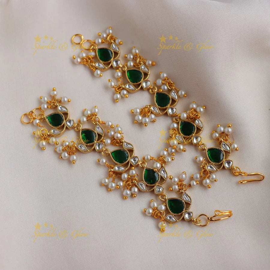 Stunning Jadau Kundan Green Stone & Pearl Cluster Traditional Ear Chain - Sparkle and Glow