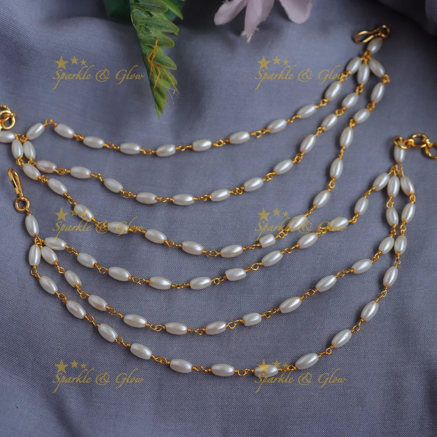Statement Three layered Rice pearl Earchain - Sparkle and Glow