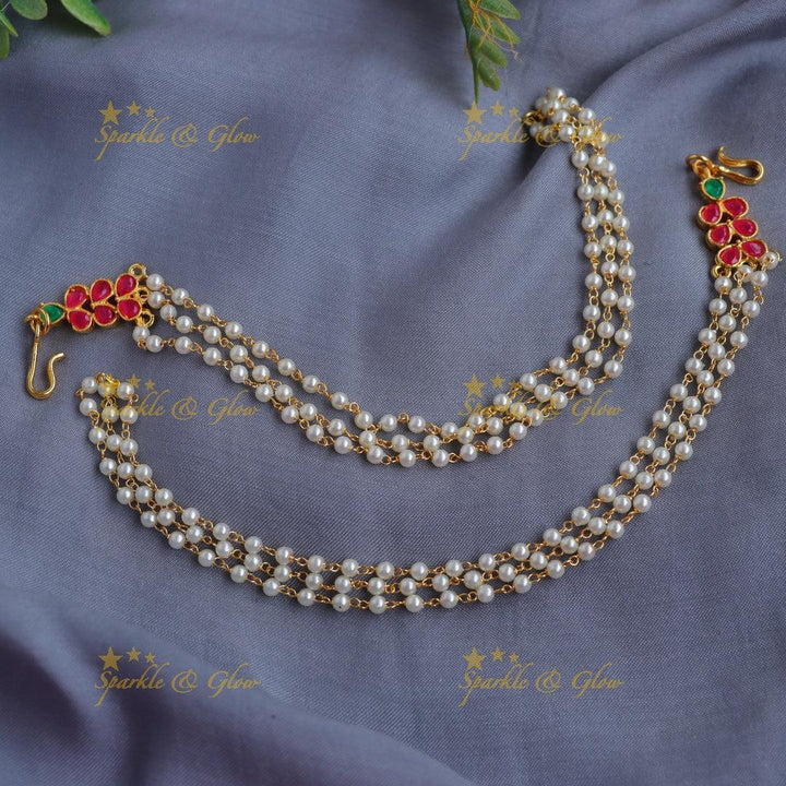 Statement Jadau Triple-Layer Pearl Ear Chain with Floral Kundan Detail - Sparkle and Glow