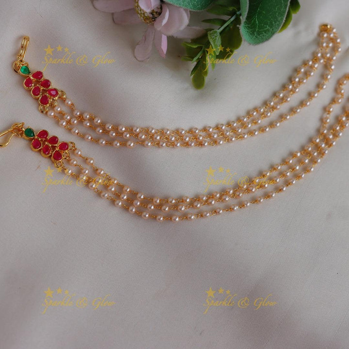 Statement Jadau Triple-Layer Pearl Ear Chain with Floral Kundan Detail - Sparkle and Glow