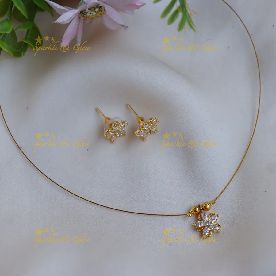 Elegant Invisible Necklace Set with Floral Pendant & Stud Earrings - Sparkle and Glow