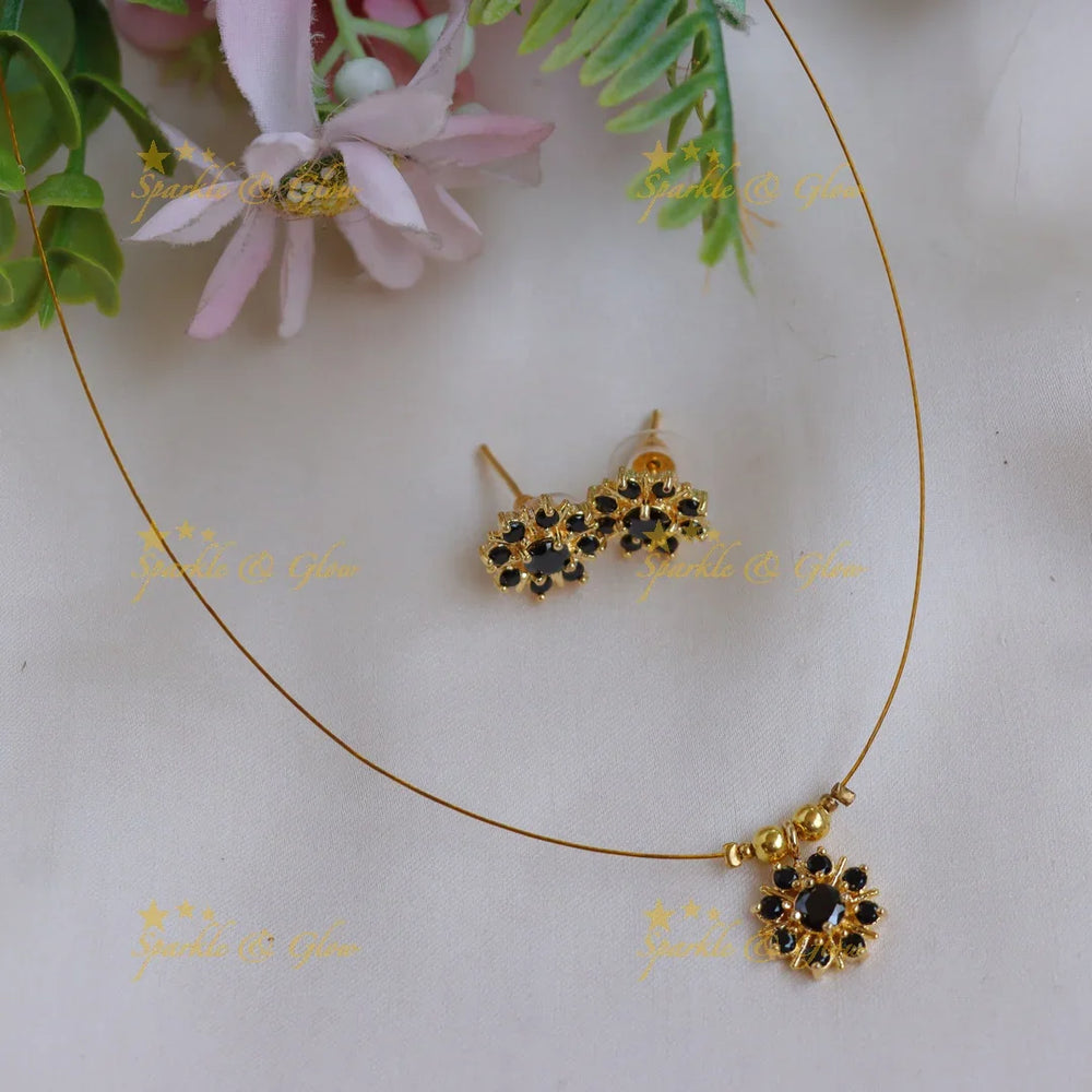 Elegant Stone Floral Pendant Invisible Necklace Set with Stud Earrings - Sparkle and Glow