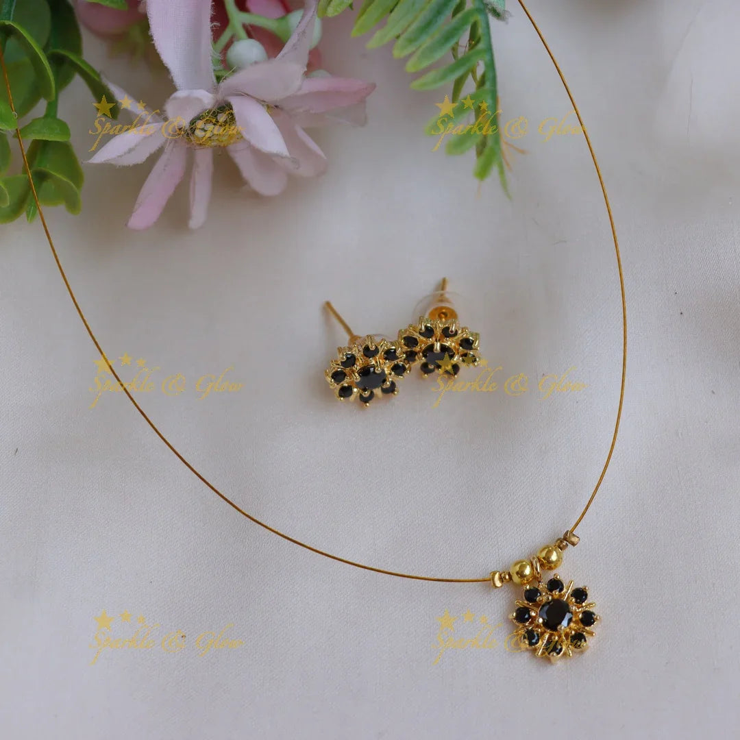 Elegant Stone Floral Pendant Invisible Necklace Set with Stud Earrings - Sparkle and Glow
