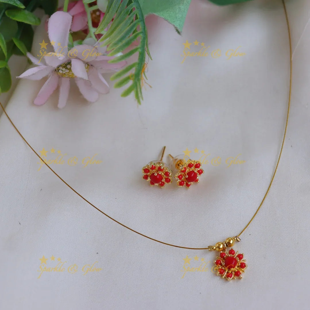 Elegant Stone Floral Pendant Invisible Necklace Set with Stud Earrings - Sparkle and Glow