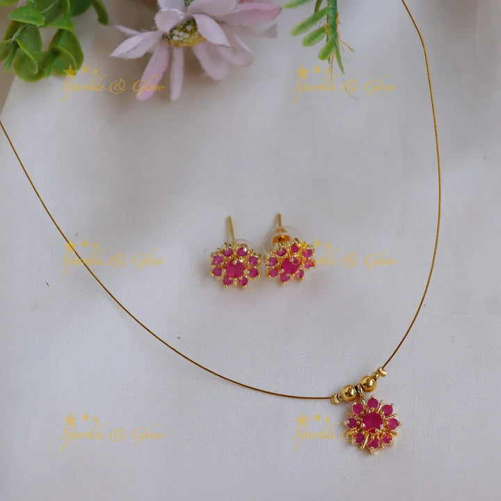 Elegant Stone Floral Pendant Invisible Necklace Set with Stud Earrings - Sparkle and Glow