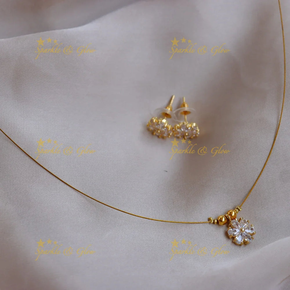 Stunning Colorful Floral Pendant Invisible Necklace with Matching Studs - Sparkle and Glow