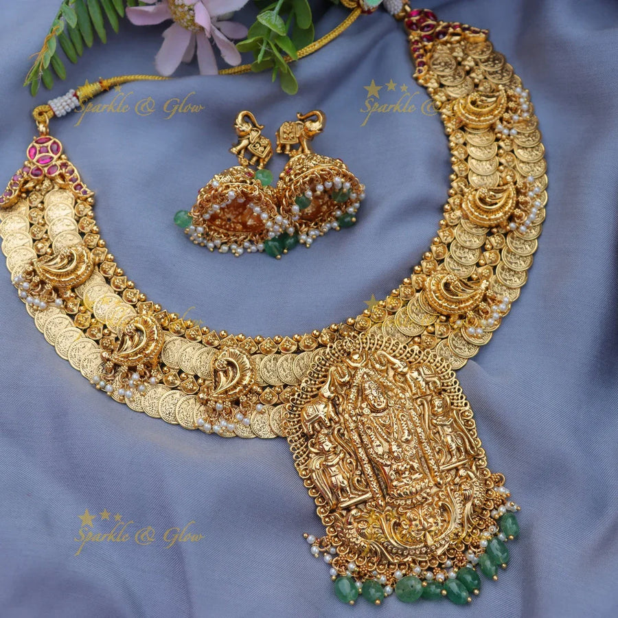 Grand Jadau Antique Lord Venkateshwara Coin Necklace with Green beads - Sparkle and Glow