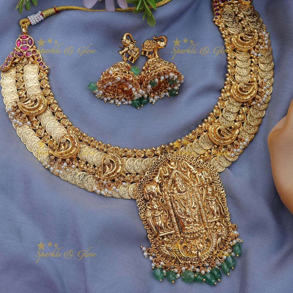 Grand Jadau Antique Lord Venkateshwara Coin Necklace with Green beads - Sparkle and Glow