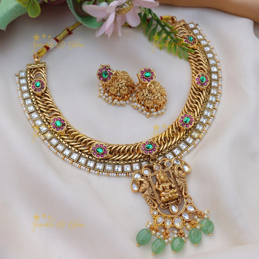 Stunning Jadau Kundan Antique Lakshmi Pendant Necklace Set with White Stones - Sparkle and Glow