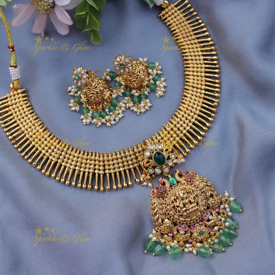 Grand Jadau Antique Goddess Lakshmi Pendant Necklace Set - Sparkle and Glow