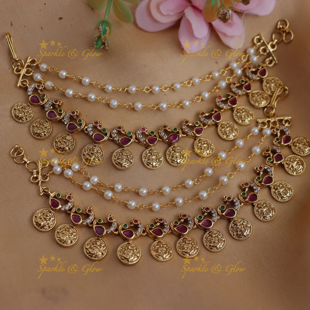Lakshmi Coin Pearl Bead Ear Chain | Traditional Style