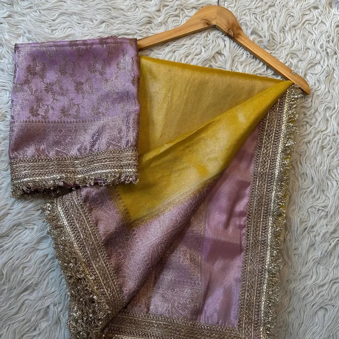 Banarasi tissue Katan saree beautiful Zari weaving with lace attached border - Sparkle and Glow