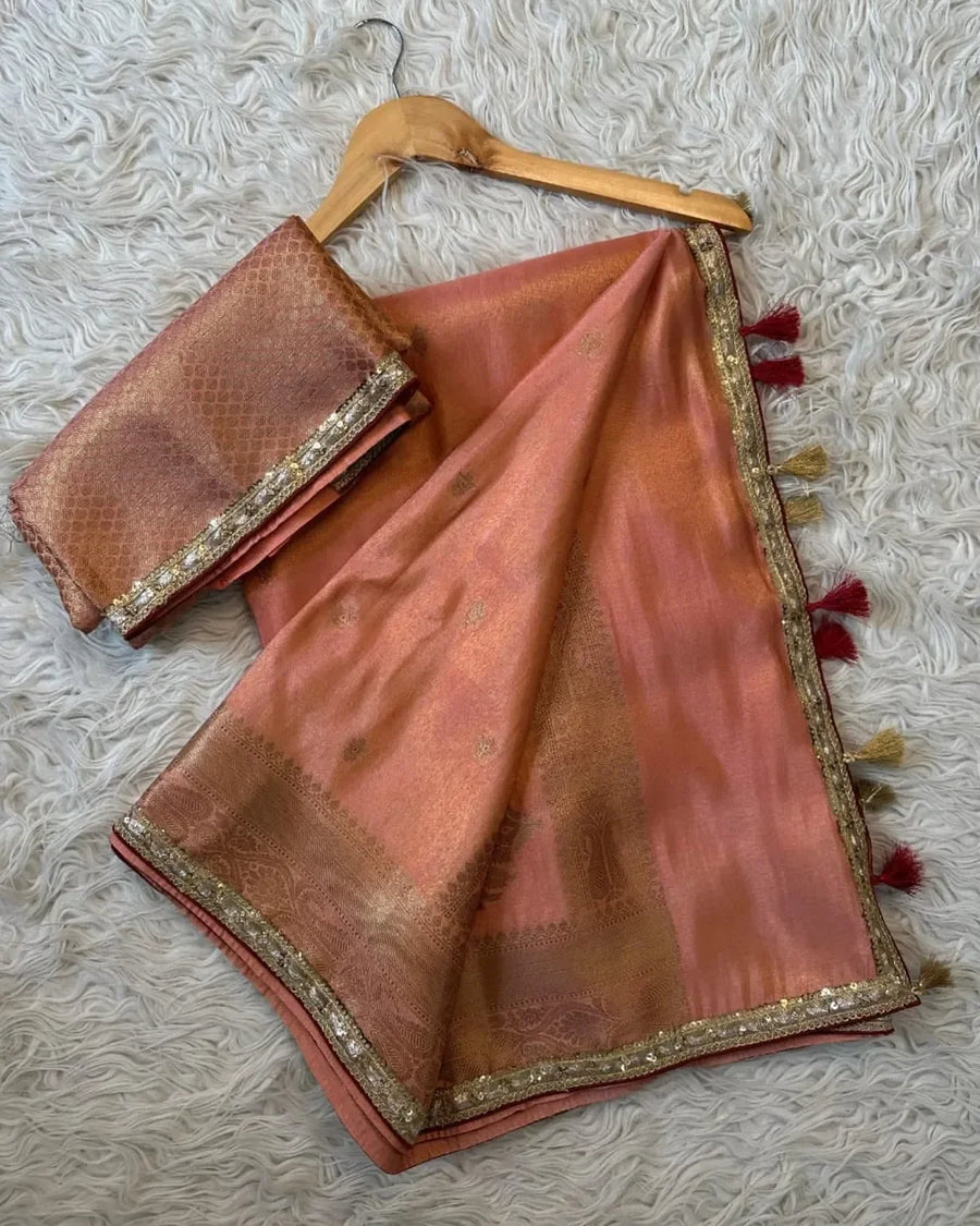 Aditi Rao Hydari inspired Banarasi tissue Katan saree beautiful Zari weaving with lace attached border - Sparkle and Glow