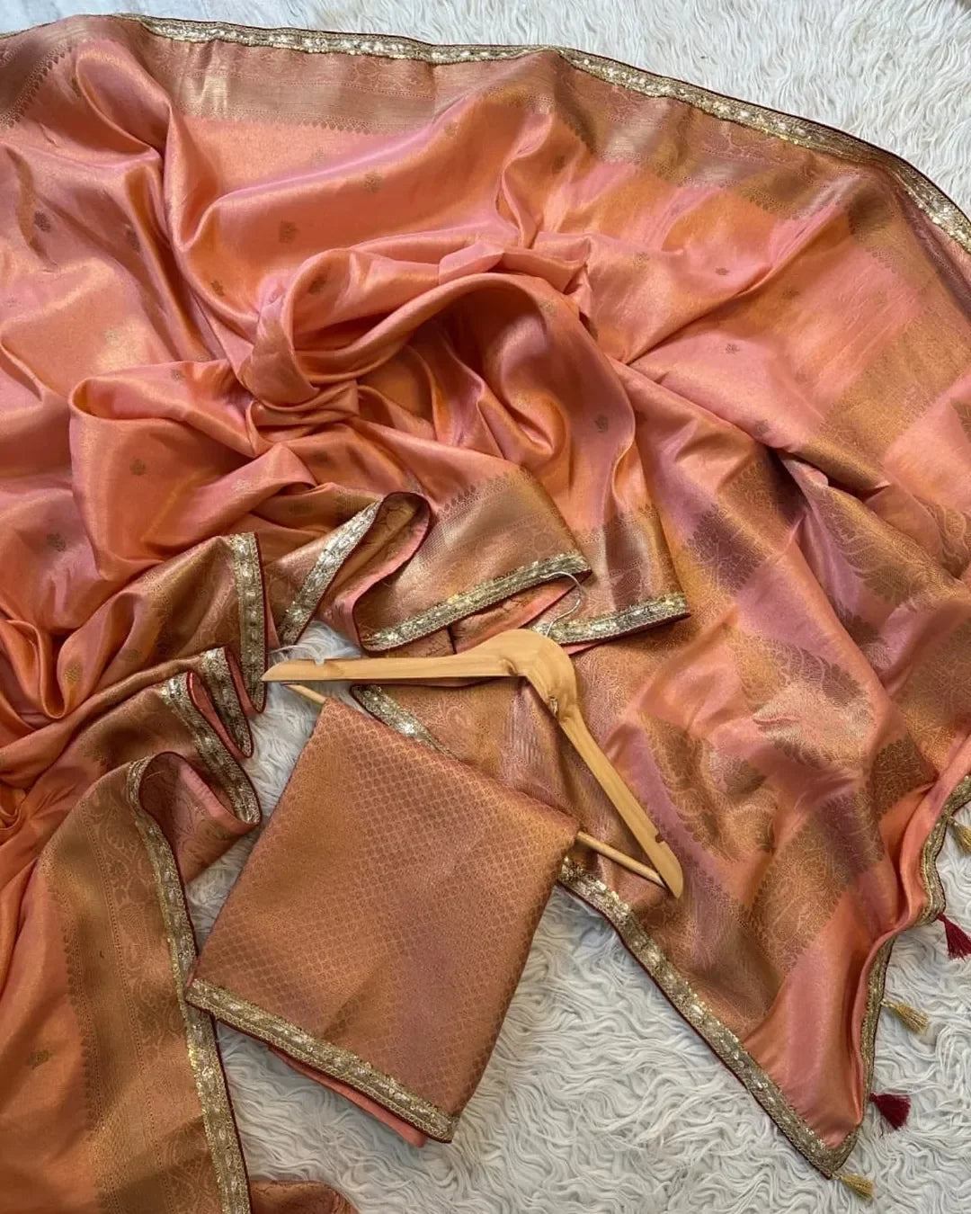 Aditi Rao Hydari inspired Banarasi tissue Katan saree beautiful Zari weaving with lace attached border - Sparkle and Glow