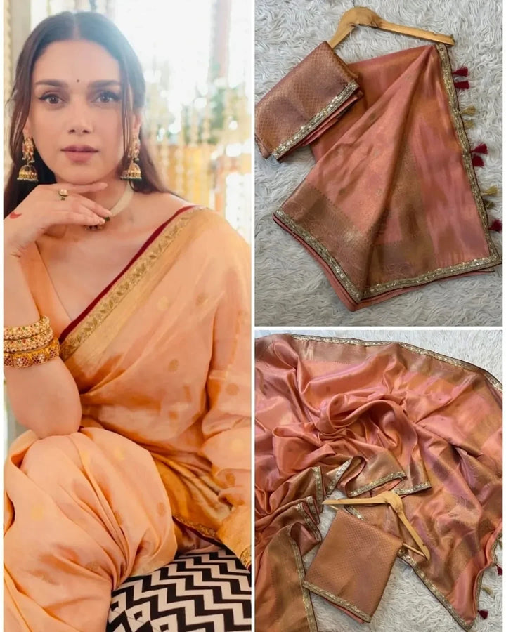 Aditi Rao Hydari inspired Banarasi tissue Katan saree beautiful Zari weaving with lace attached border - Sparkle and Glow