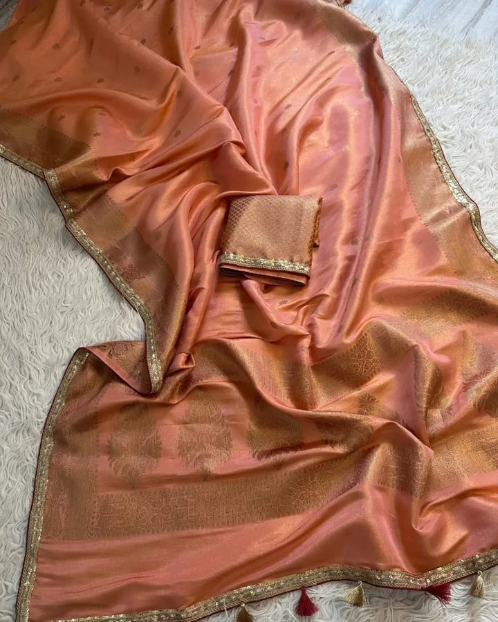 Aditi Rao Hydari inspired Banarasi tissue Katan saree beautiful Zari weaving with lace attached border - Sparkle and Glow