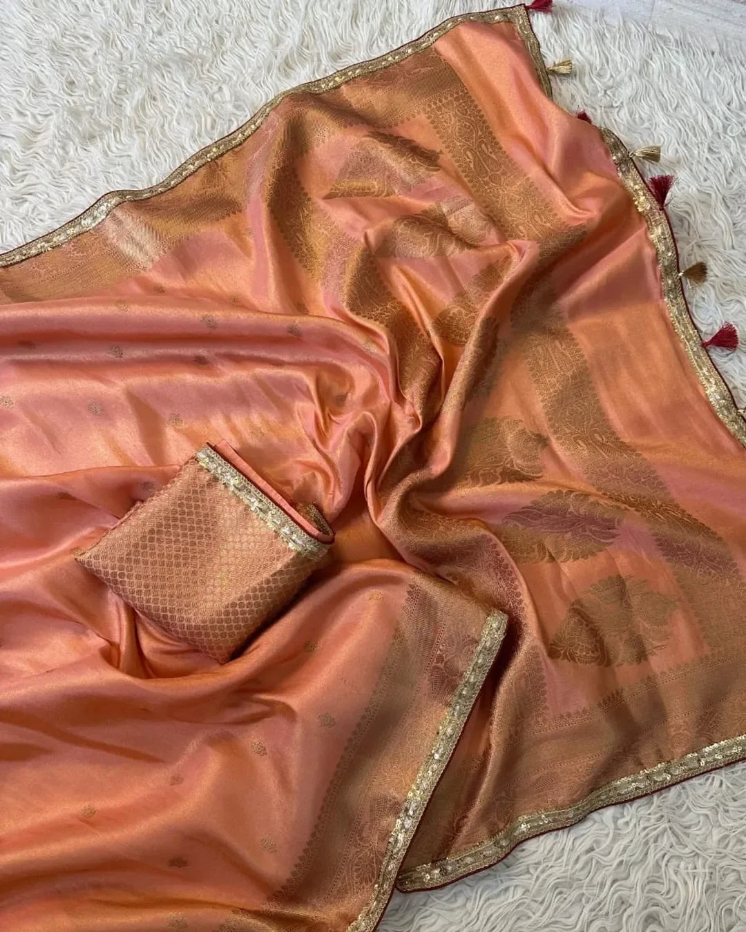 Aditi Rao Hydari inspired Banarasi tissue Katan saree beautiful Zari weaving with lace attached border - Sparkle and Glow