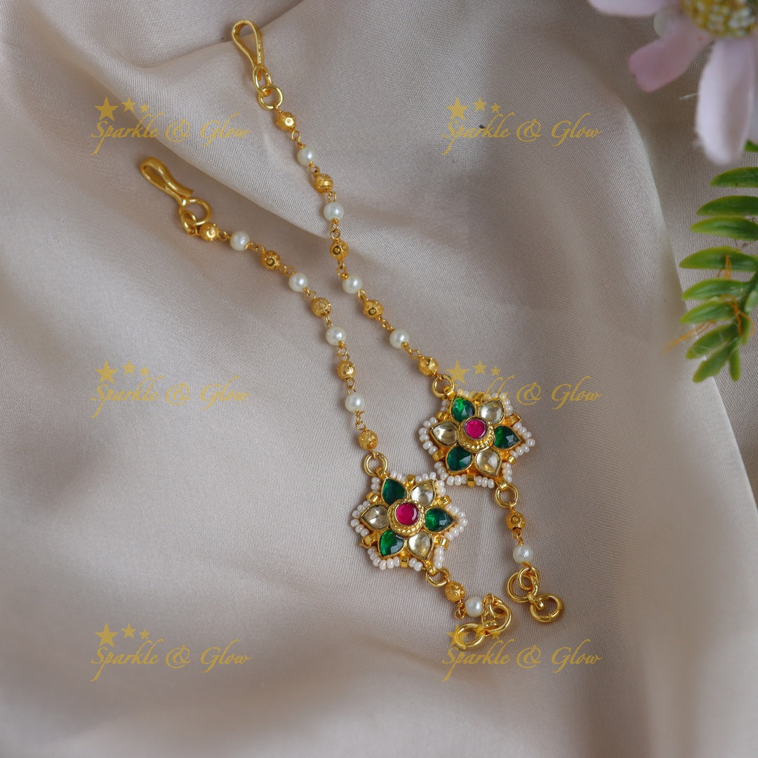 Sparkling Pachi Kundan Floral Jadau Ear Chains with Pearl Detailing