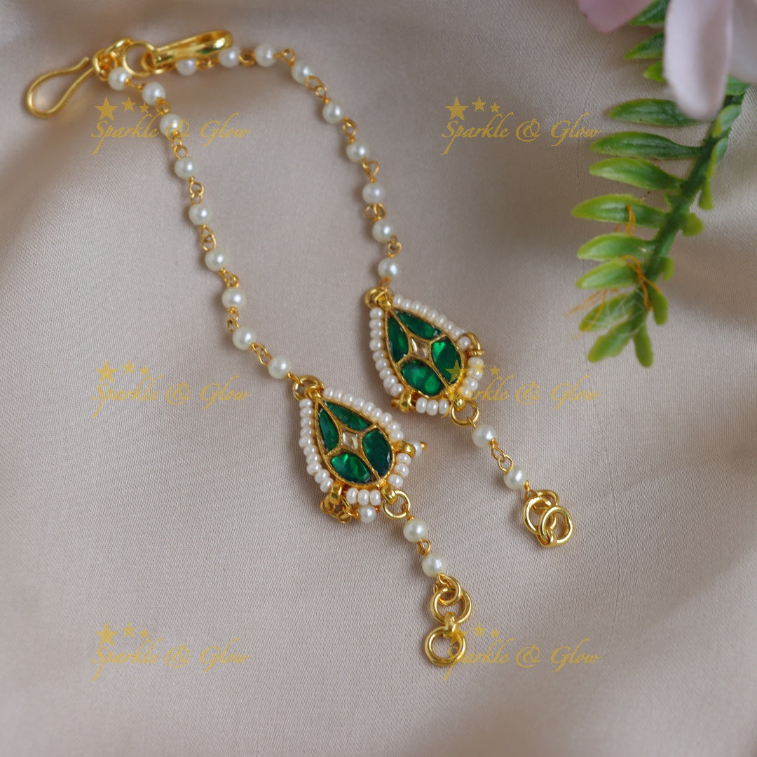Stunning Teardrop Pachi Kundan Jadau Ear Chains with Pearl Beads