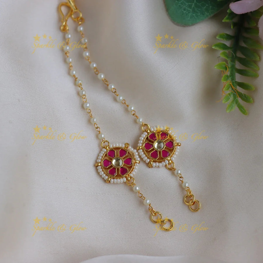 Stunning Jadau Pink Chakra Kundan Ear Chains with Pearl Beads - Sparkle and Glow