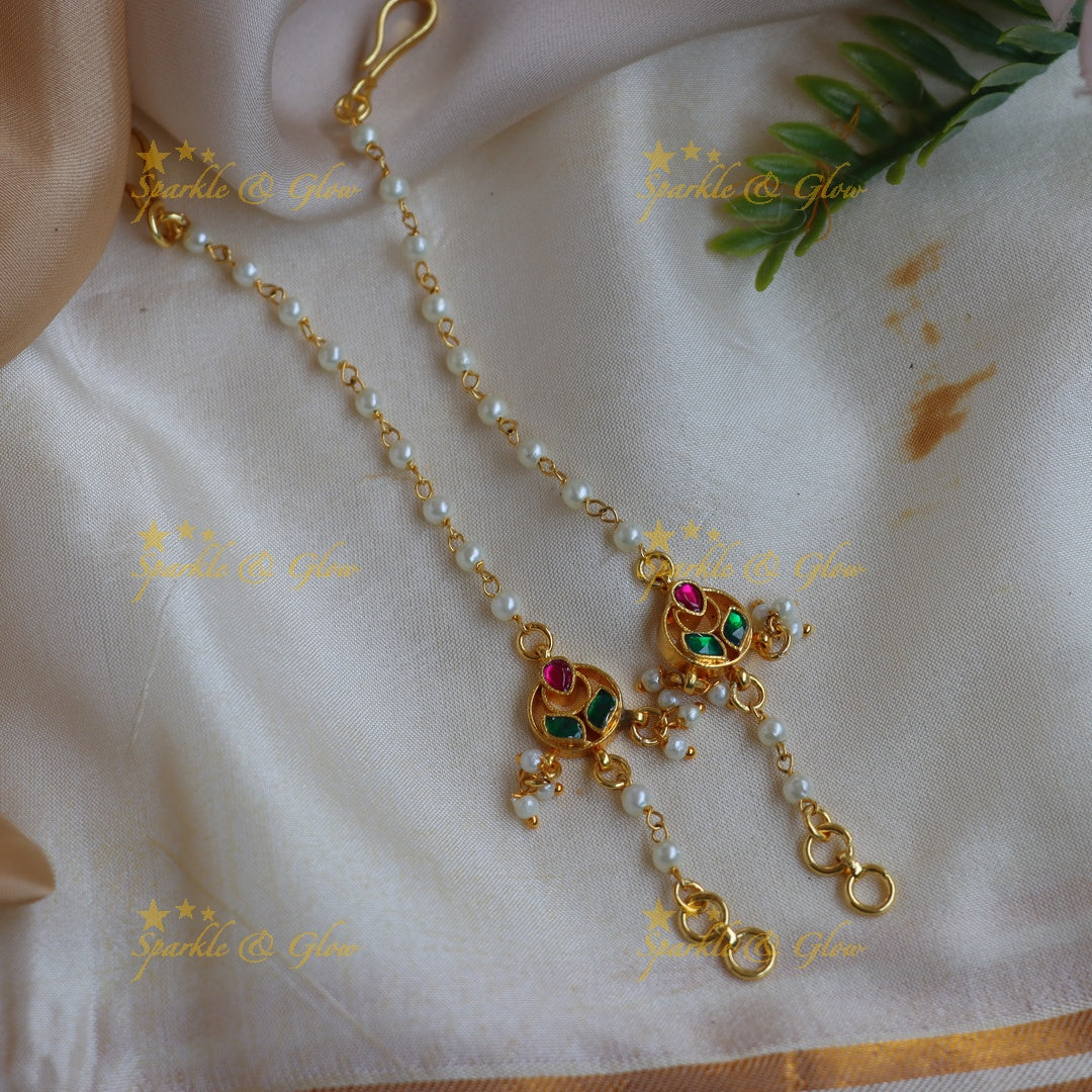 Stunning Circular Red & Green Kundan Jadau Ear Chains with Pearl Links