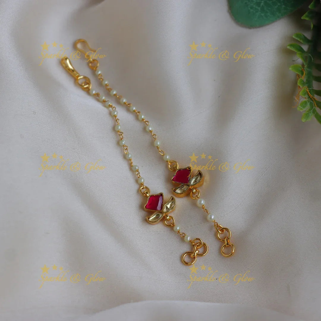 Elegant Jadau kundan Rose Design Ear Chains with Pearl Beads - Sparkle and Glow