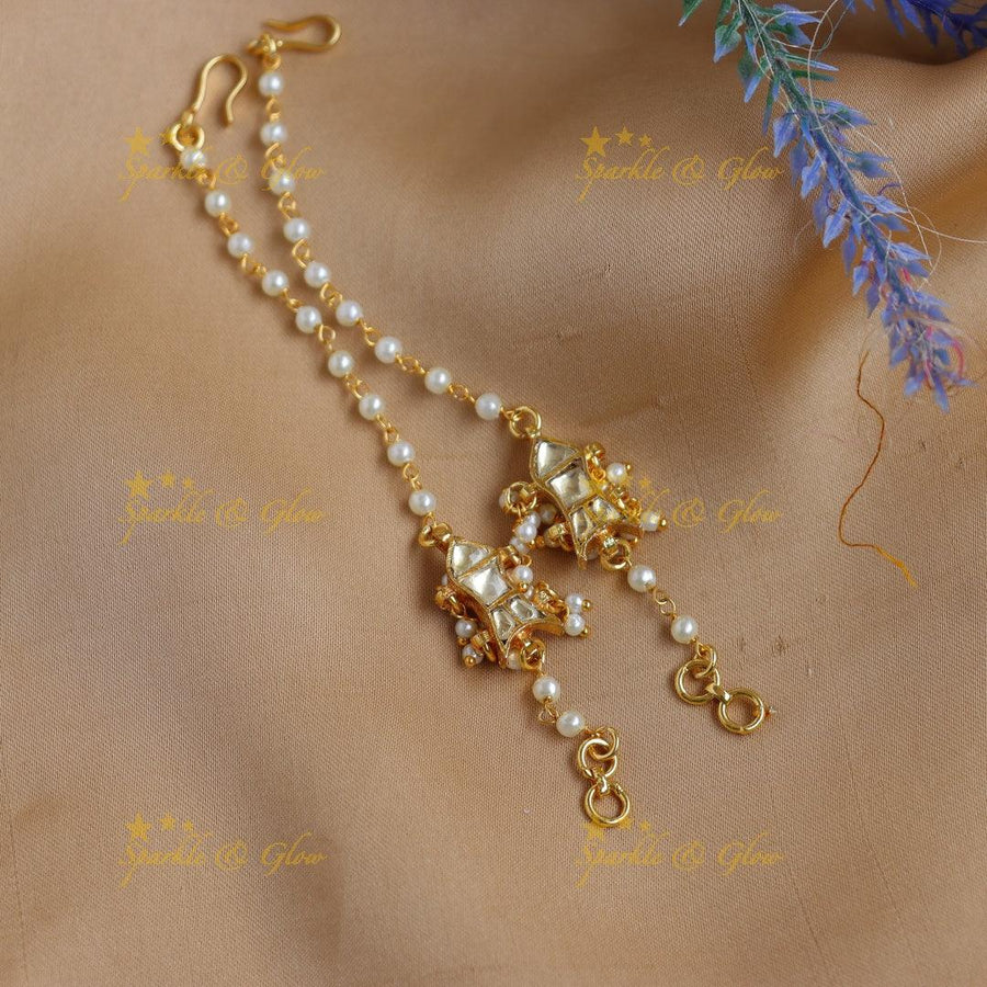 Elegant Jadau Pachi Kundan Ear Chains with Pearl Drops - Sparkle and Glow