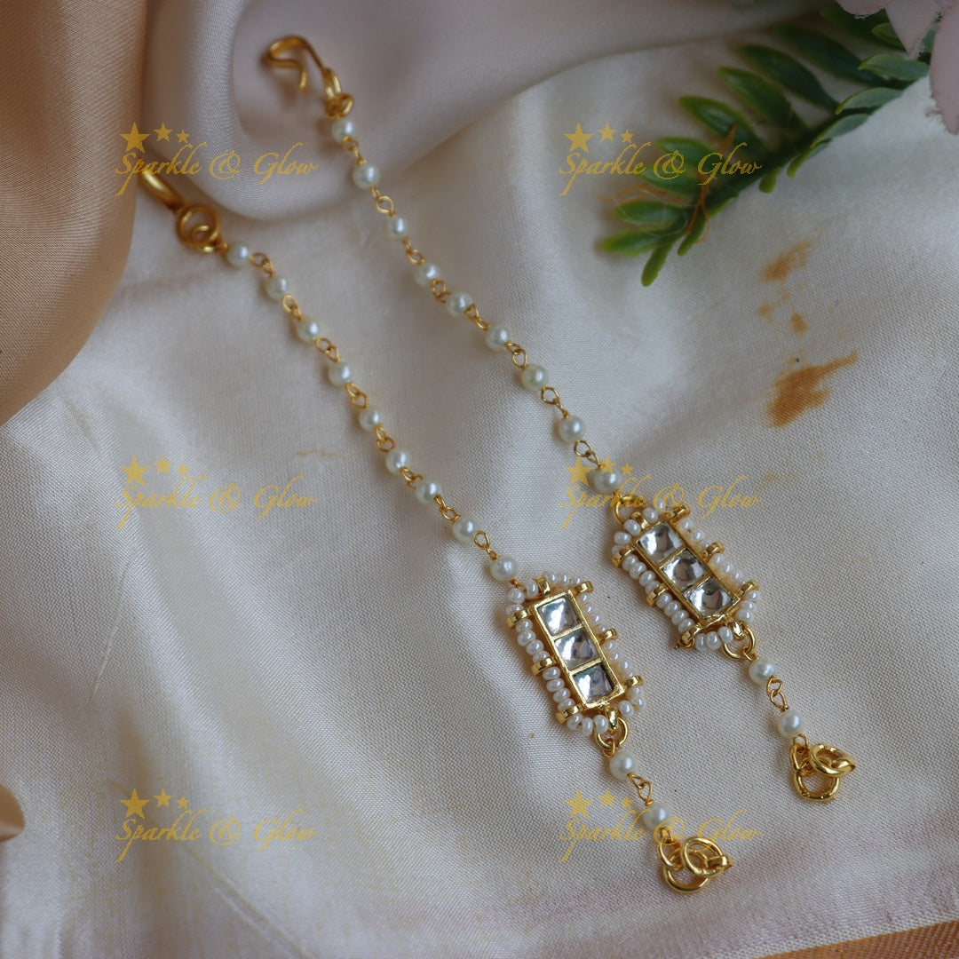 Stunning Rectangle Pachi Kundan Ear Chains with Pearl Edging
